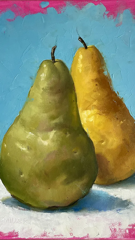 The image shows two large pears, one green and one yellow, sitting upright on a white cloth, bathed in light. Two Pears, oil on canvas, 20 x 16 inches