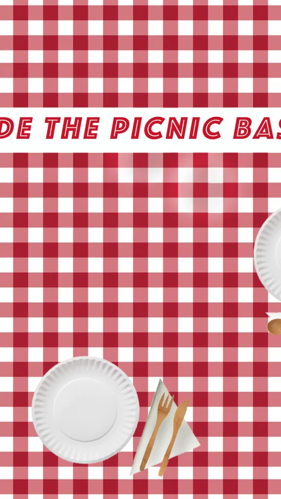 The photo is of a picnic blanket with paper plates, bamboo napkins, and a picnic basket, sprawled out. The title of the exhibition, "Inside the Picnic Basket", is inside a white box at the top. 