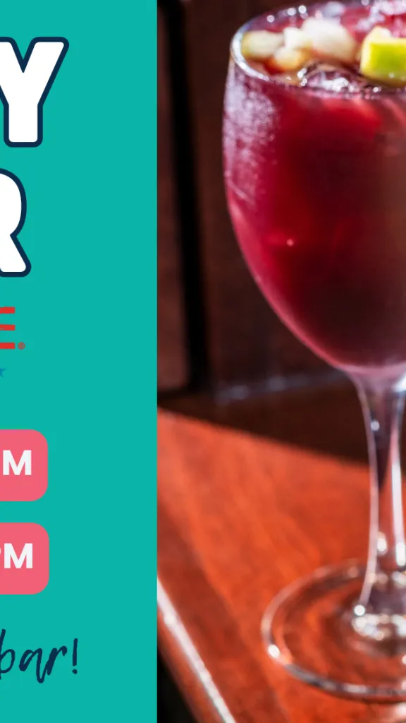 Two glasses of sangria with text: Happy Hour at Cuba Libre Mon-Fri 4-7pm and Sun 12-4pm