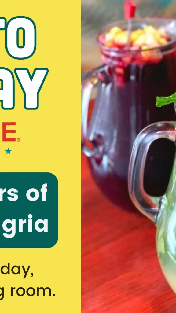 4 pitchers of various mojitos with text: Mojito Monday at Cuba Libre $29.75 pitchers of mojito and sangria