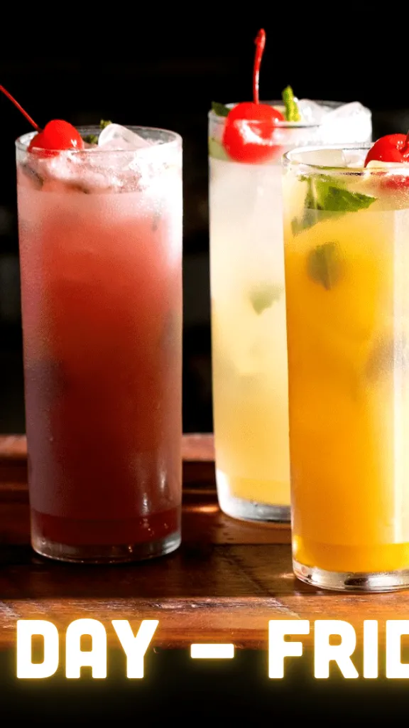 4 glasses with different mojitos, text with 50% off rum drinks on National Rum Day