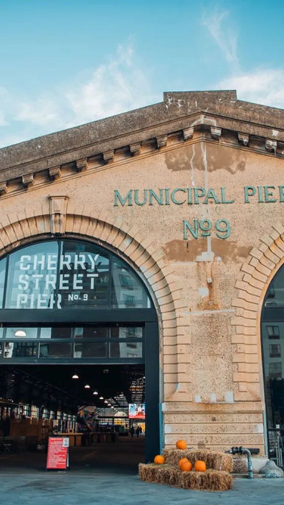 Cherry Street Pier decorated with fall decor on the outside