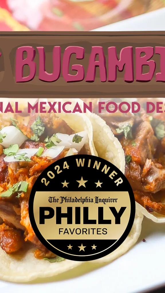 A plate of tacos on a colorful table runner. Las Bugambilias - Traditional Mexican Food Desde 2007. 2024 Winner, The Philadelphia Inquirer Philly Favorites 