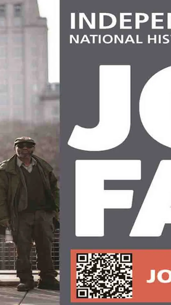 A job fair flyer. Image on the left is a group of people wearing National Park Service green and gray uniformed with Independence Hall in background. On the right is text that says, "Independence National Historical Park JOB FAIR JOIN OUR TEAM. There is also the NPS arrowhead logo and a qr code. 