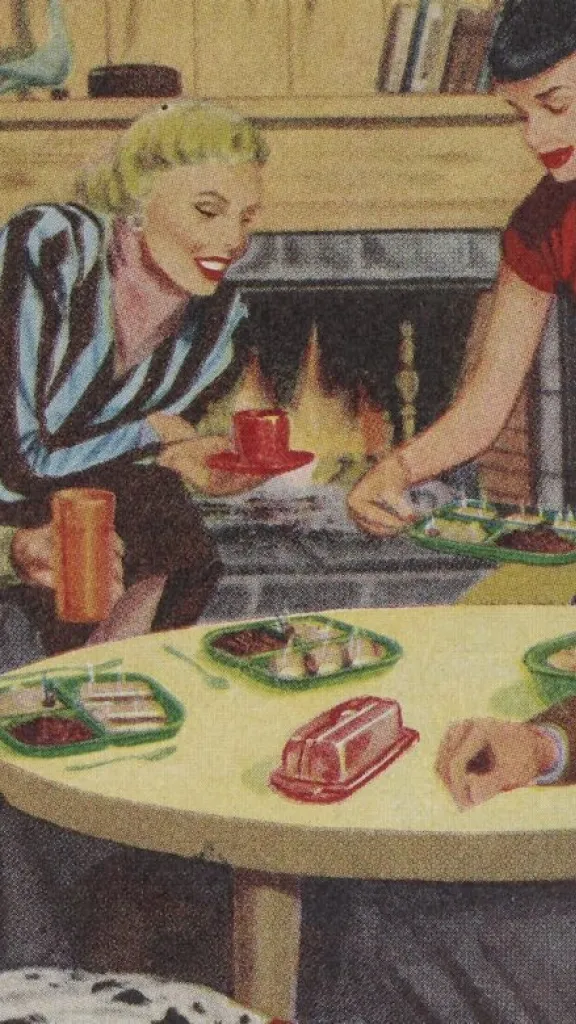 illustration of 1940s couples having dinner by a fireplace