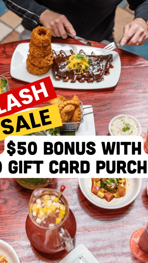 Table of food and drink pitchers, text: Flash Sale $50 bonus with $100 gift card purchase