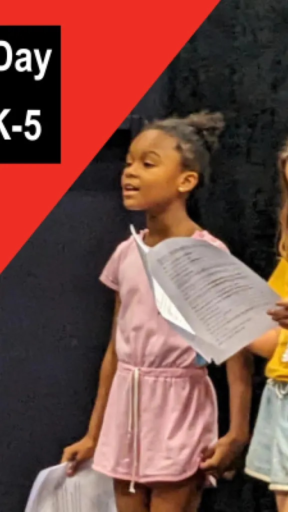 Three children stand while reading aloud from a script.