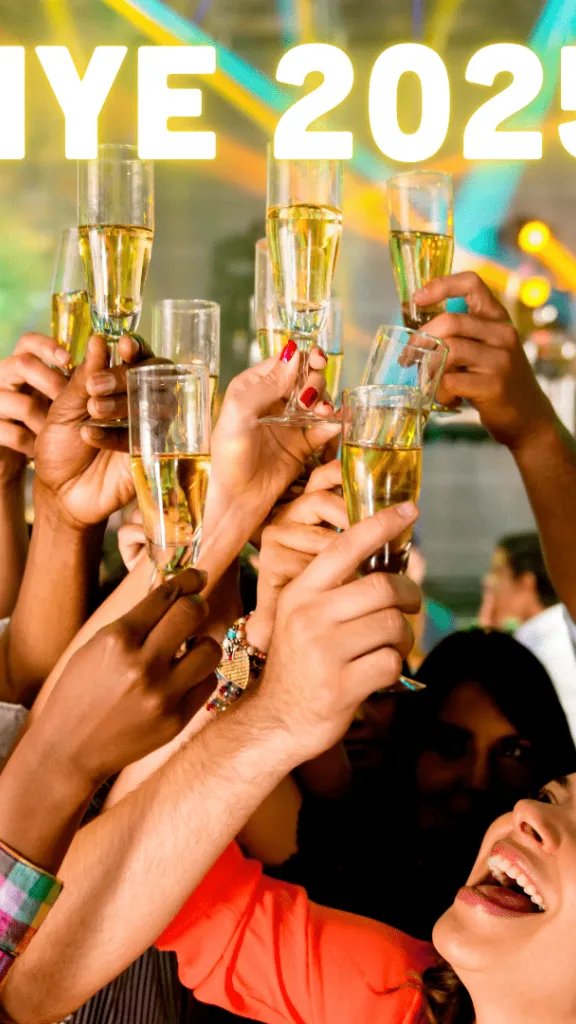 A group of friends toasting champagne glasses, text: NYE 2025