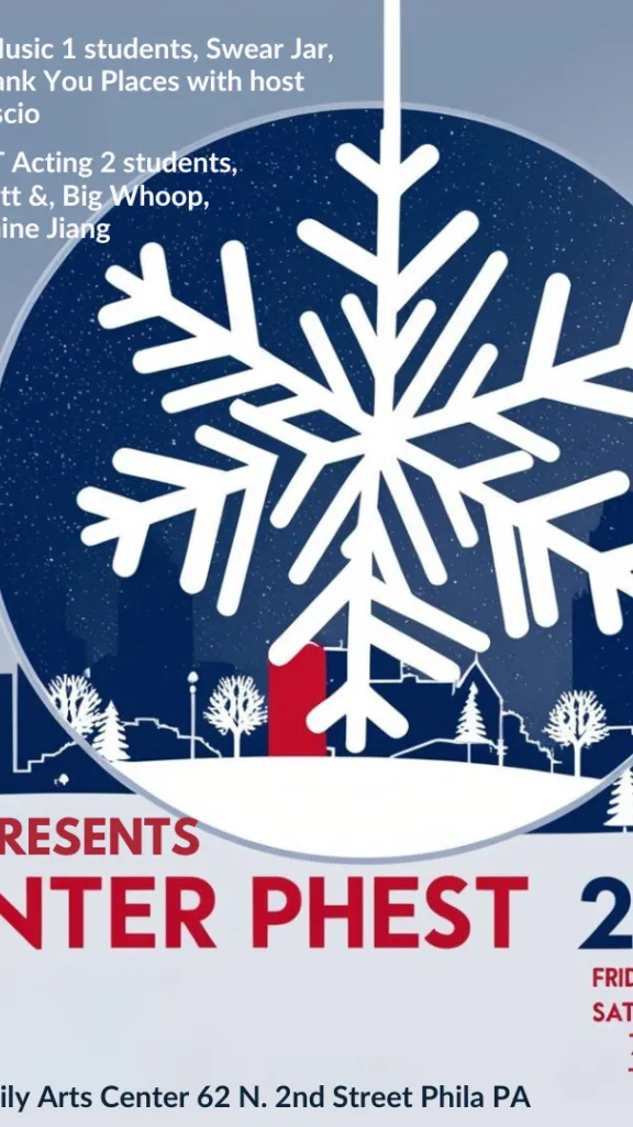 Large illustrated snowflake center with illustrated city in rear. PHIT logo of rocket ship upper right. List of performing acts top left.  PHIT presents Winter PHEST 2024 bottom center