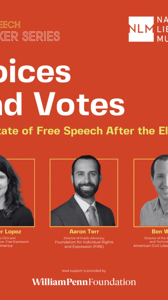 A graphic with the three speakers, Summer Lopez, Aaron Terr, and Ben Wizner