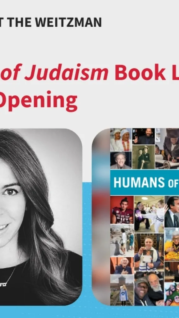 Live at the Weitzman with grey and blue background. On the left is a portrait of Nikki Schreiber, the book's author, and on the right is a photo of the cover of the Humans of Judaism book with small photos of people