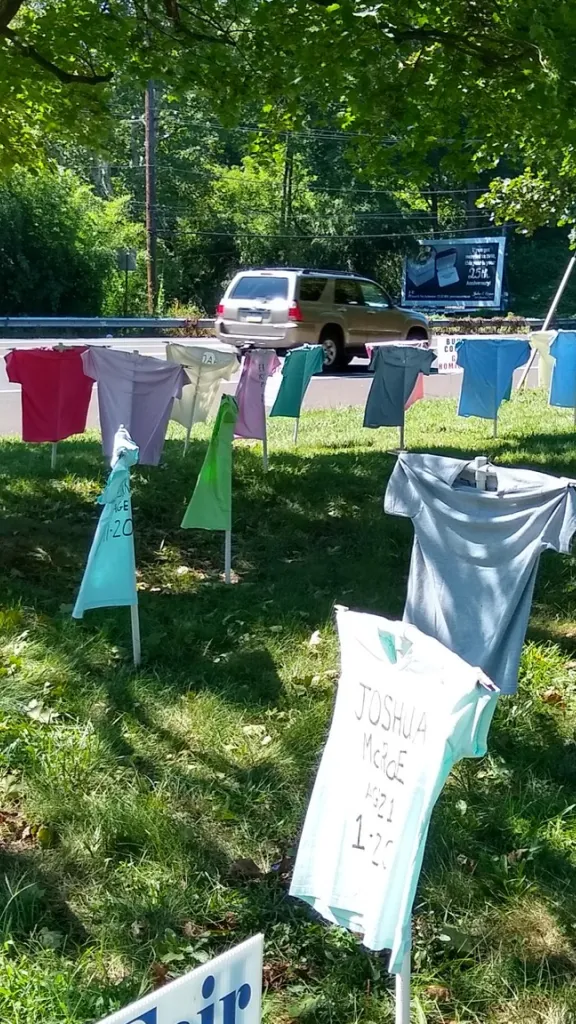 Art installation of tshirts staked into the ground with the names of victims of gun violence.