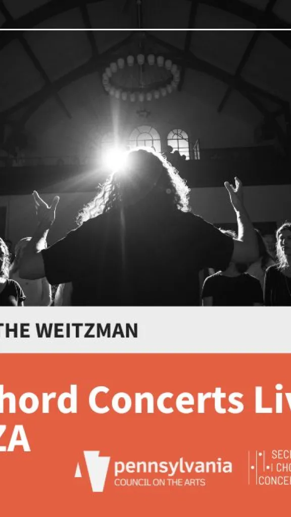 Top has black and white photo of women singing and a woman conductor. Live at the Weitzman. Bottom has orange block with title: Secret Chord Concerts Live with RAZA