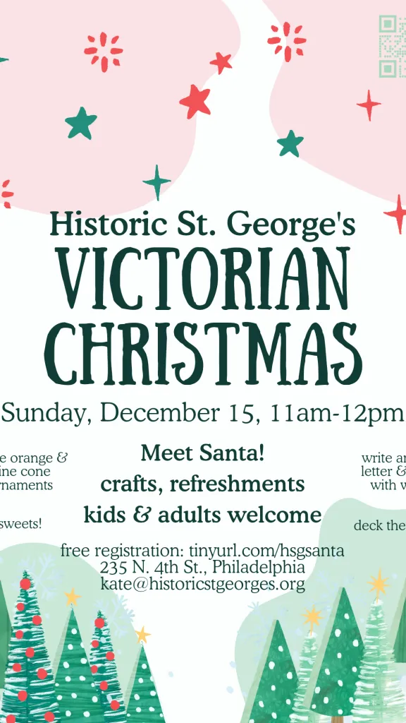 Museum flyer with pink skyline with green and red stars on top, bottom has Christmas trees, title reads "Historic St. George's Victorian Christmas"