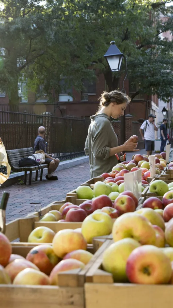 Two shoppers peruse fresh produce at Market tents on a cobblestone walkway.