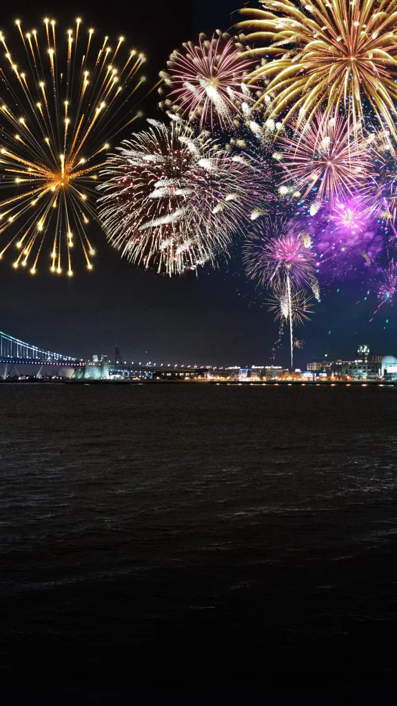 Vessel with bridge and fireworks in background.