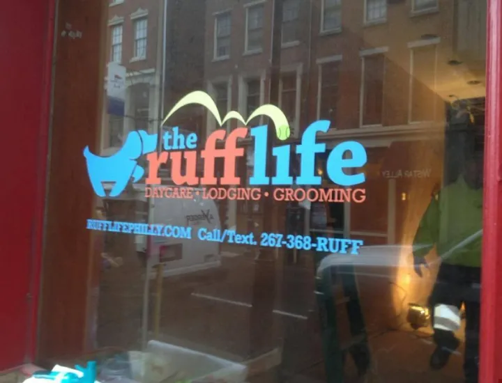Front window with a graphic of "The Ruff Life" logo on it