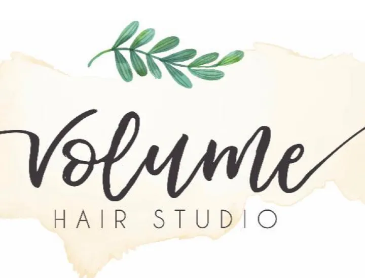 Volume Hair Studio logo with green leaf and black text