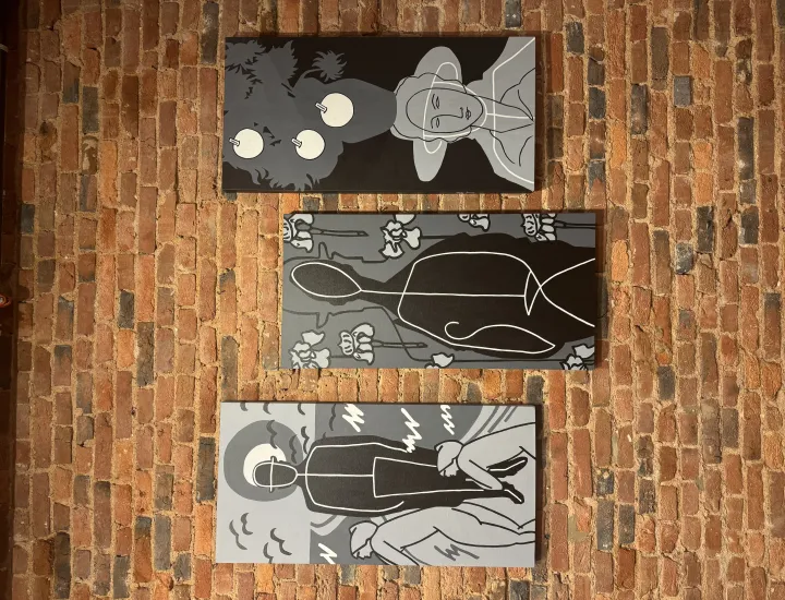 TRILOGY TRIBUTE TO MODIGLIANI, MAGRITTE AND VAN GOGH Acrylic on stretched canvas 40" x 20" x 3