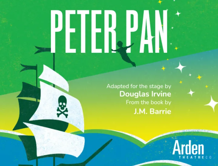 A Pirate ship and the shadow of boy flying through the stars. Title reads "Peter Pan." Credits Read "Adapted for teh stage by Douglas Irvine. From the book by J.M. Barrie."