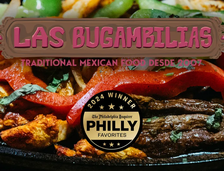 A grill pan full of delicious fajitas. Las Bugambilias - Traditional Mexican Food Desde 2007, 2024 Gold Winner - The Philadelphia Inquirer Philly Favorites