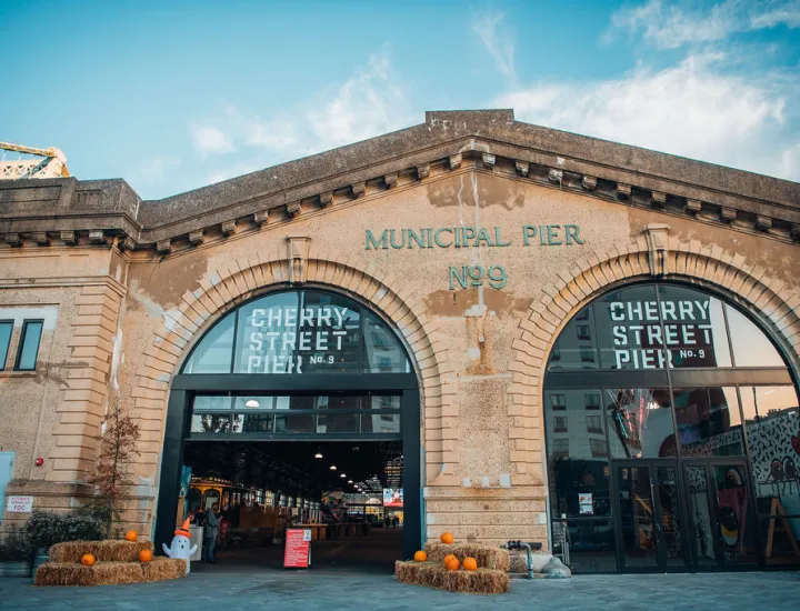 Cherry Street Pier decorated with fall decor on the outside