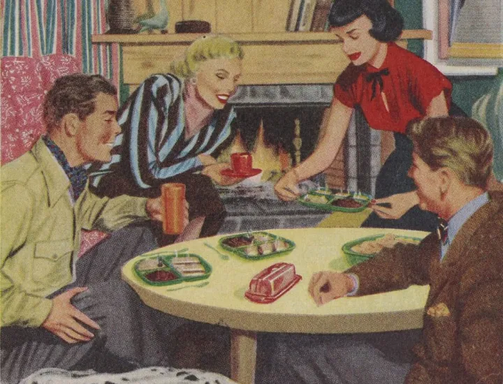 illustration of 1940s couples having dinner by a fireplace