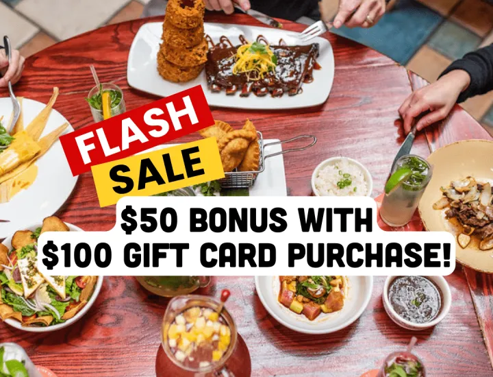 Table of food and drink pitchers, text: Flash Sale $50 bonus with $100 gift card purchase