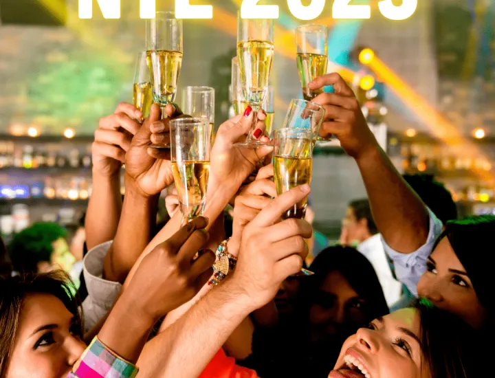 A group of friends toasting champagne glasses, text: NYE 2025