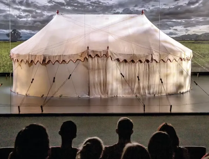 Washington's War Tent on display in a theater at the Museum of the American Revolution