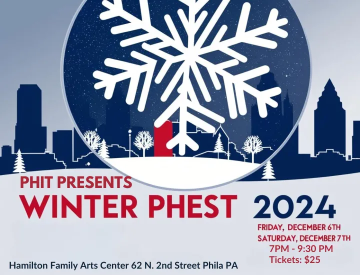 Large illustrated snowflake center with illustrated city in rear. PHIT logo of rocket ship upper right. List of performing acts top left.  PHIT presents Winter PHEST 2024 bottom center