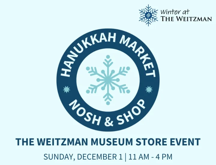 Dark blue circle with words Hanukkah Market Nosh & Shop over light blue background. The Weitzman Museum Store Event Sunday Dec 1, 11am-4pm