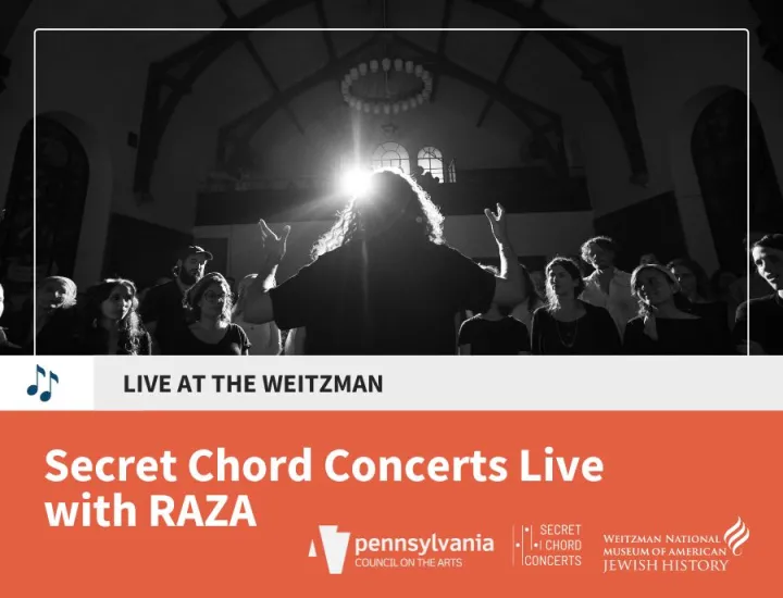 Top has black and white photo of women singing and a woman conductor. Live at the Weitzman. Bottom has orange block with title: Secret Chord Concerts Live with RAZA