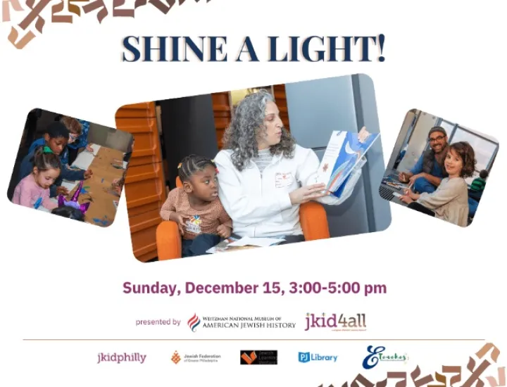 Shine a Light! White background with 3 photos depicting children doing crafts and listening to an adult woman read a storybook.