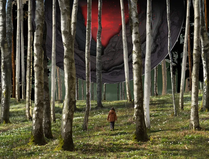 Layered collage of child walking through forest landscape with dark red void floating above